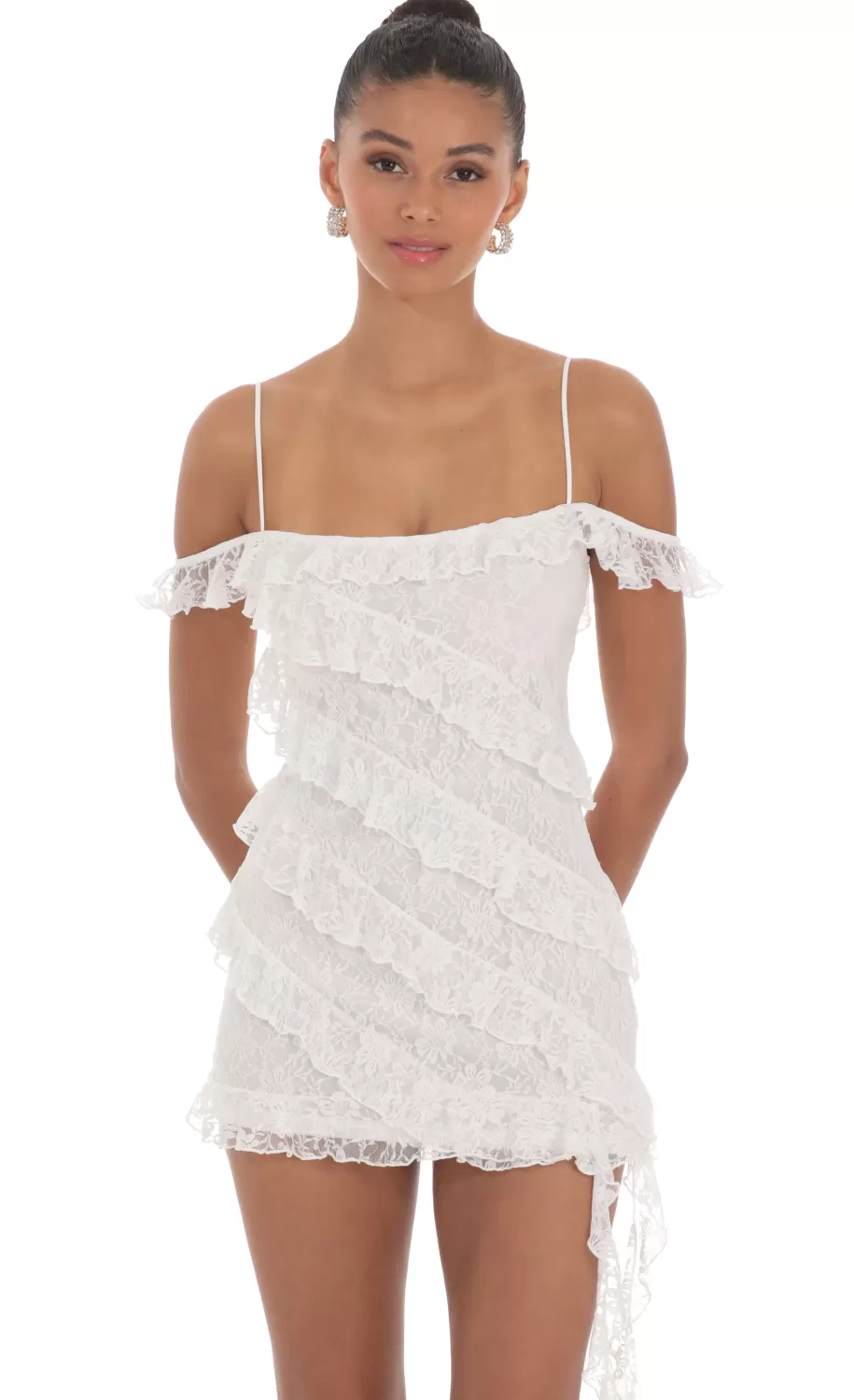 Lace Off Shoulder Ruffle Dress In White^LUCY IN THE SKY Best Sale