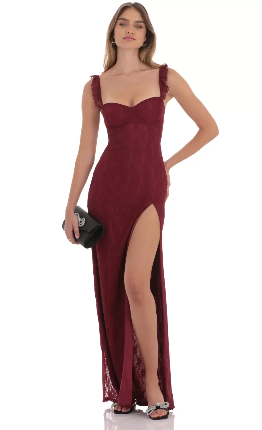 Lace Ruffle Sleeve Maxi Dress In Wine^LUCY IN THE SKY Cheap