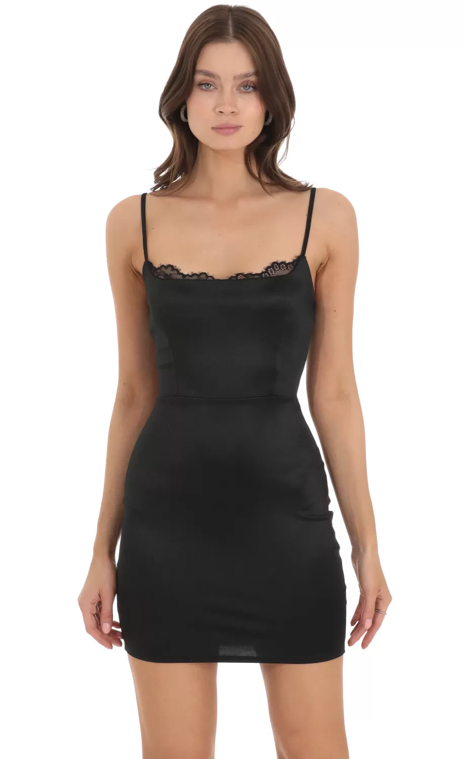 Lace Satin Bodycon Dress In Black^LUCY IN THE SKY Shop