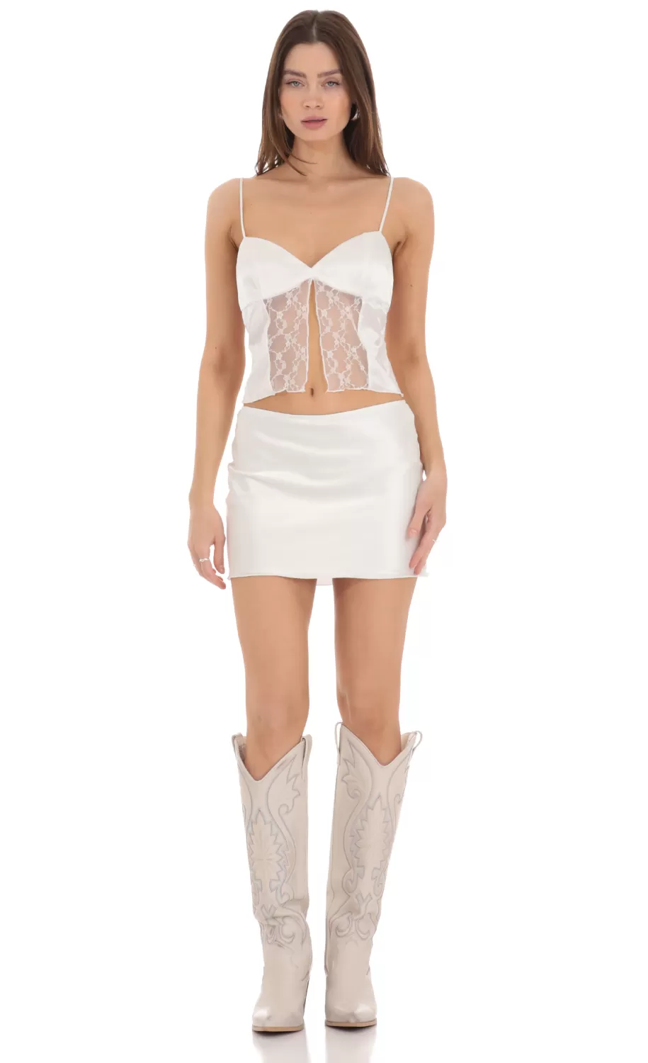 Lace Satin Front Tie Two Piece Set In White^LUCY IN THE SKY Fashion