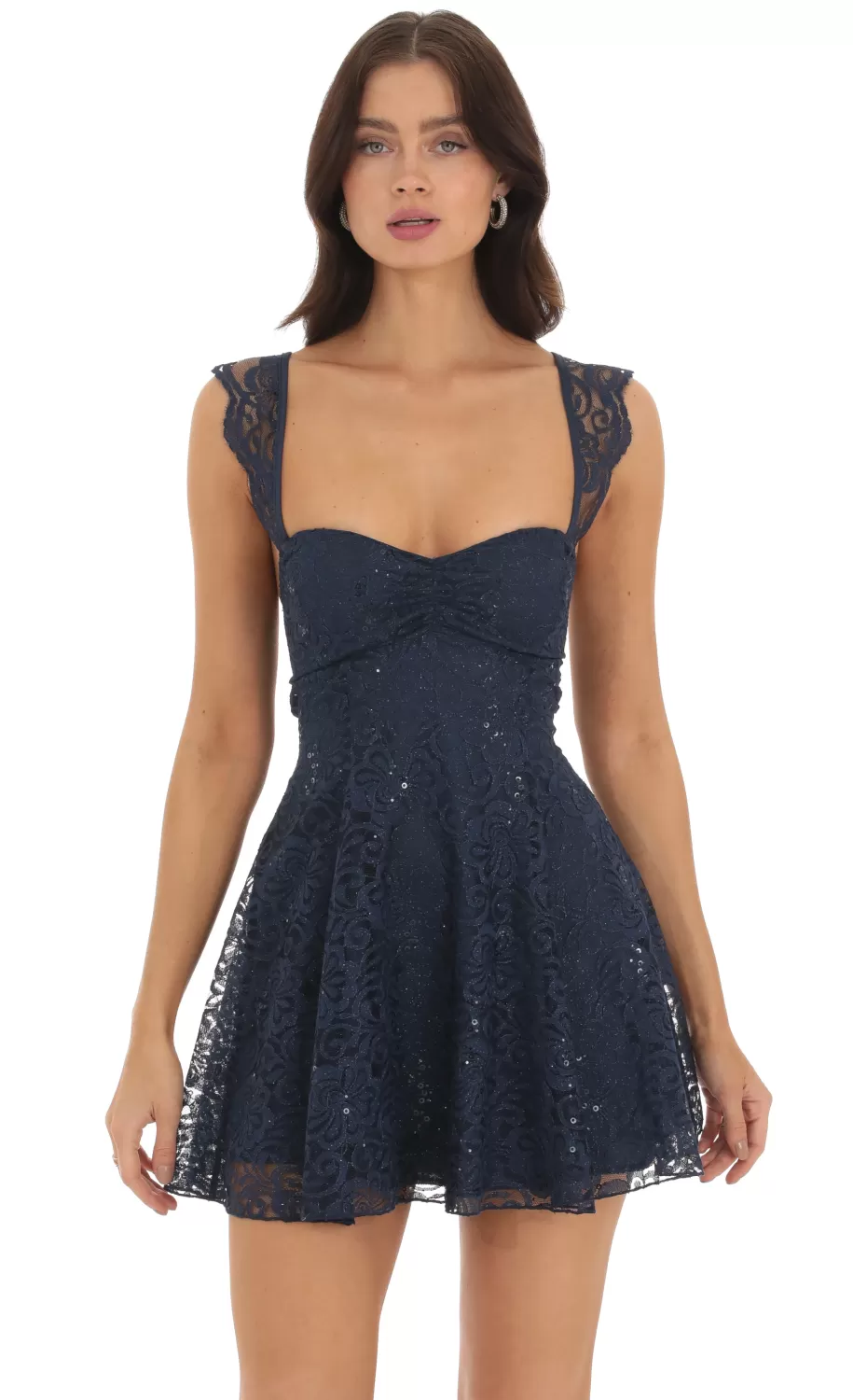 Lace Sequin Fit And Flare Dress In Navy^LUCY IN THE SKY Clearance