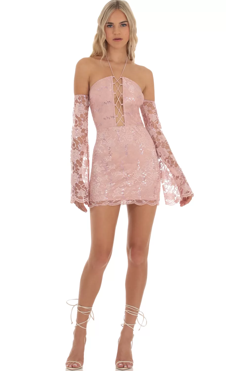 Lace Sequin Off Shoulder Dress In Dusty Rose^LUCY IN THE SKY Discount