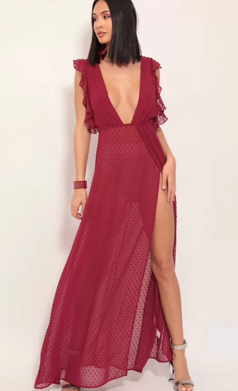 Layla Ruffle Chiffon Maxi In Ruby Dots^LUCY IN THE SKY Shop