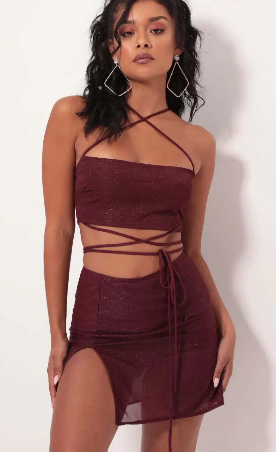 Leslie Shimmer Mesh Set In Burgundy^LUCY IN THE SKY Store