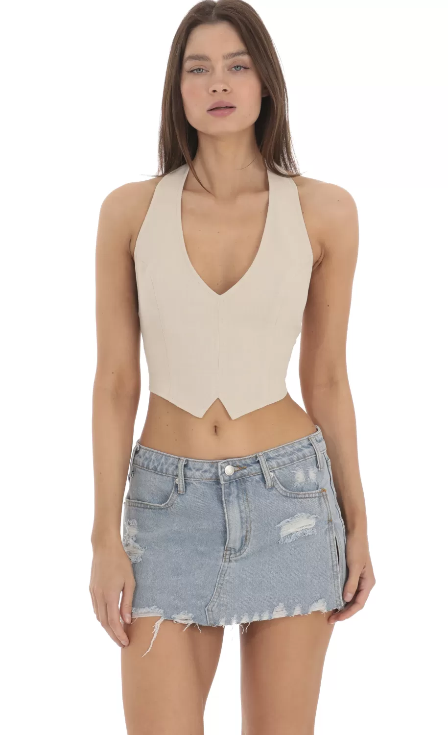 Linen Halter Top In Beige^LUCY IN THE SKY Store