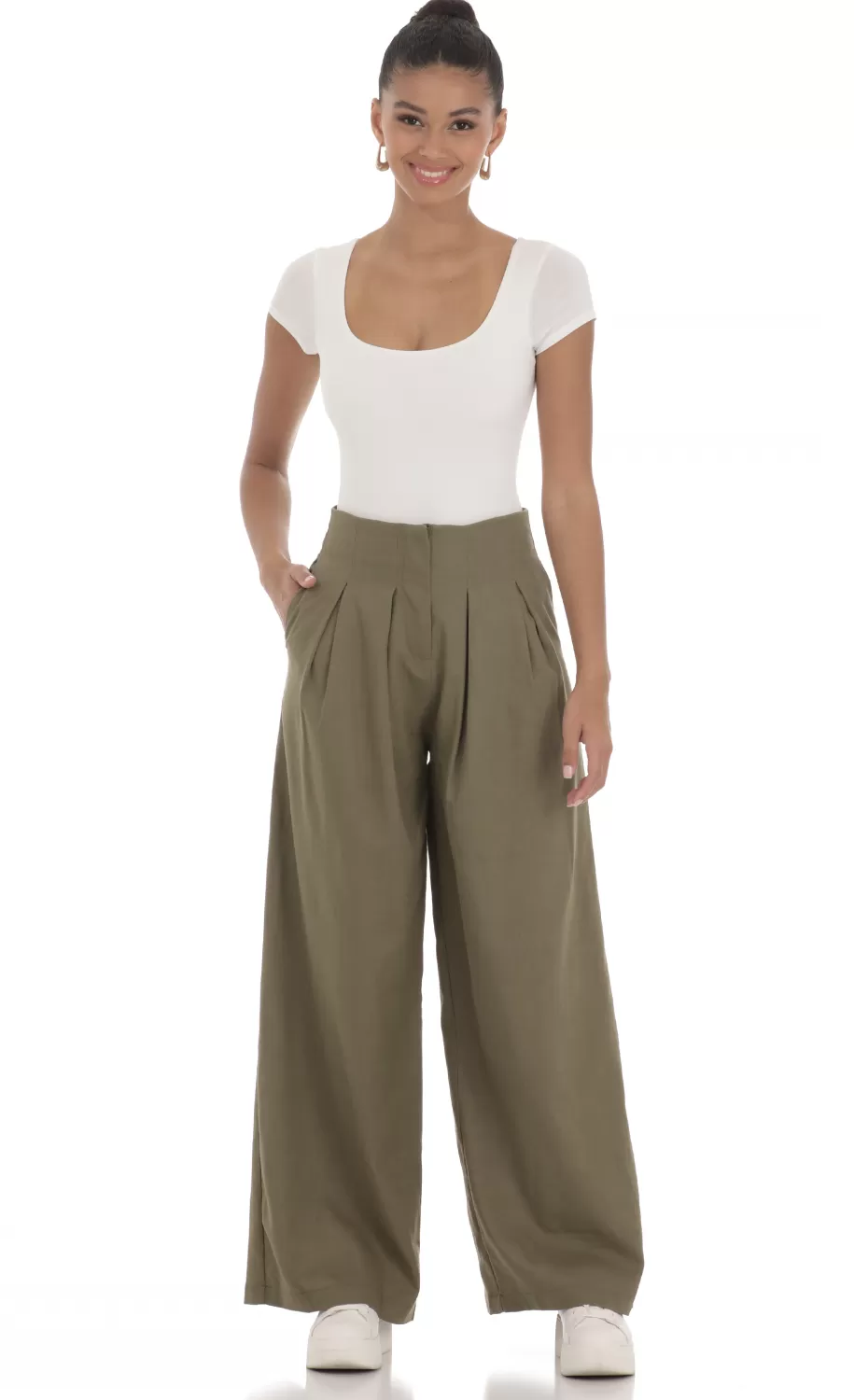 Linen Pleated Pants In Olive^LUCY IN THE SKY Best Sale