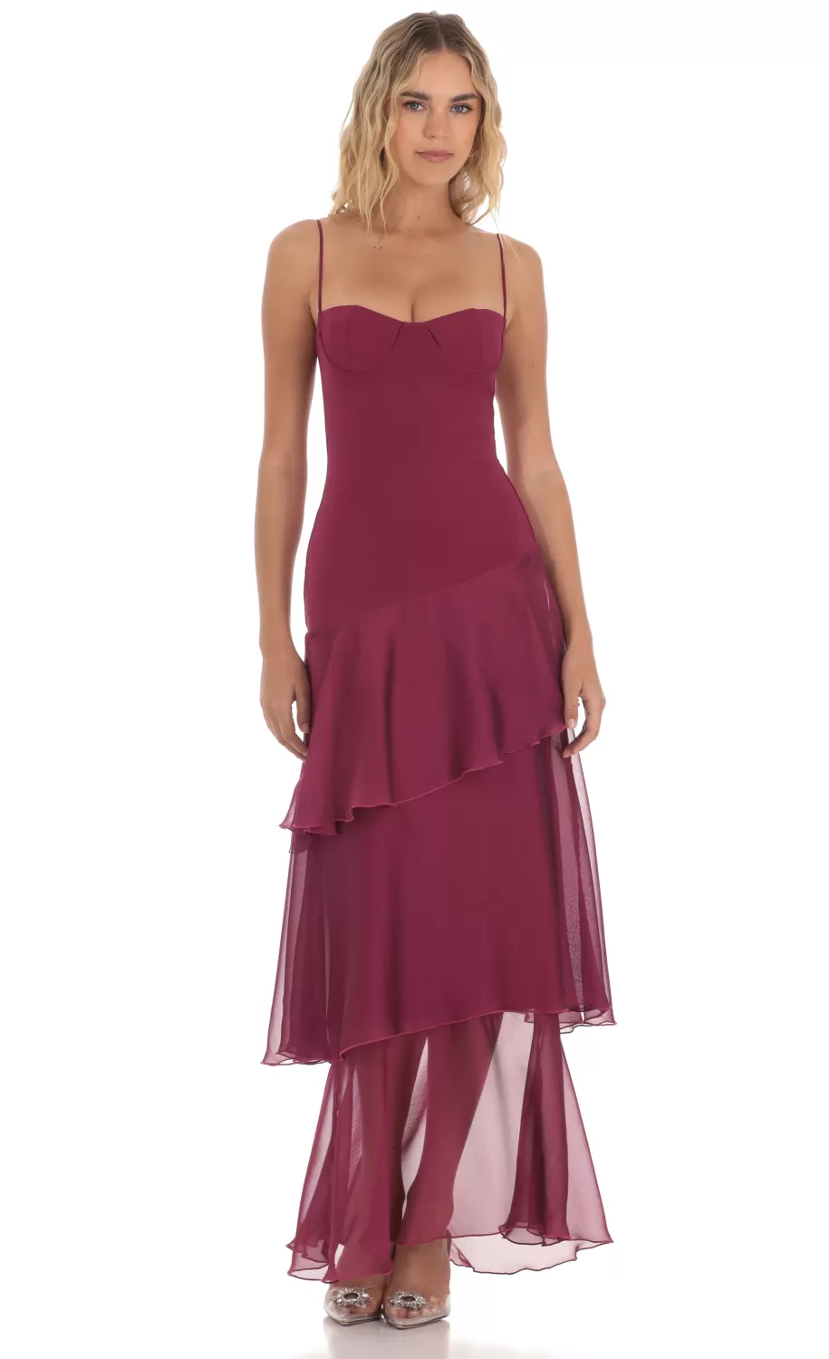 Long Ruffle Maxi Dress In Plum^LUCY IN THE SKY Discount