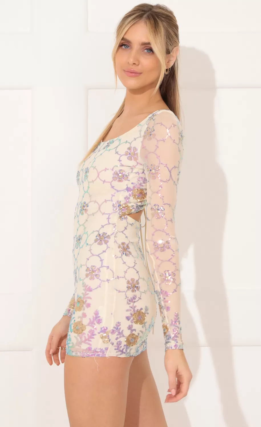 Long Sleeve Bodycon Dress In Nude And Multicolor Sequin^LUCY IN THE SKY Clearance