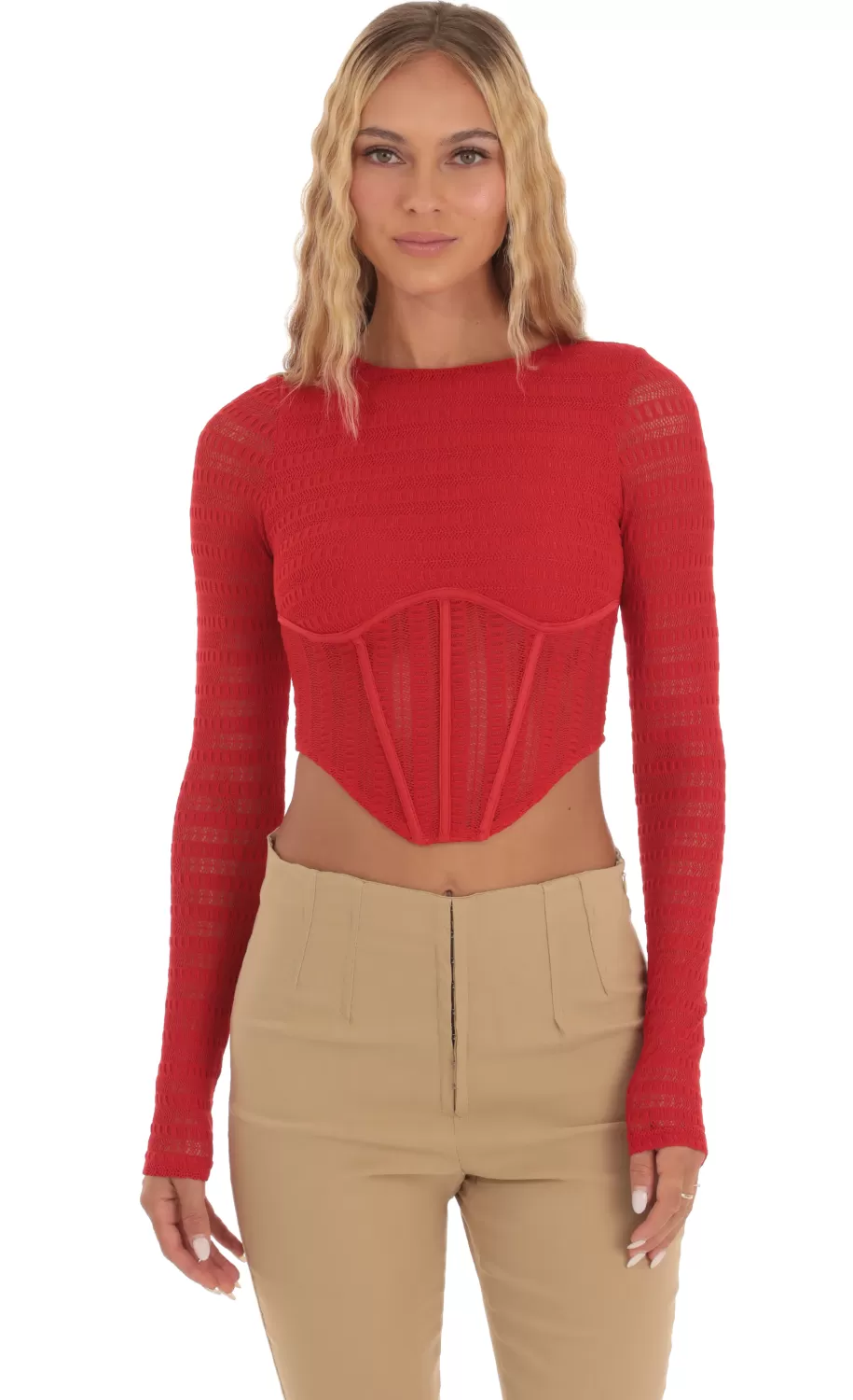 Long Sleeve Corset Top In Red^LUCY IN THE SKY Store