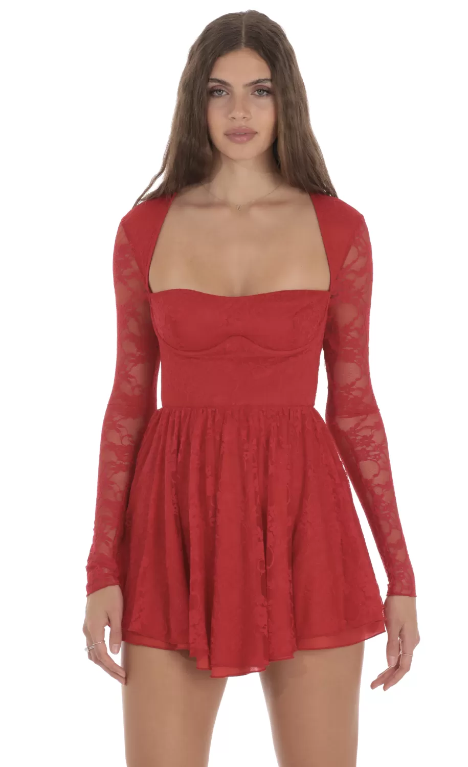 Long Sleeve Lace A-line Dress In Red^LUCY IN THE SKY Hot