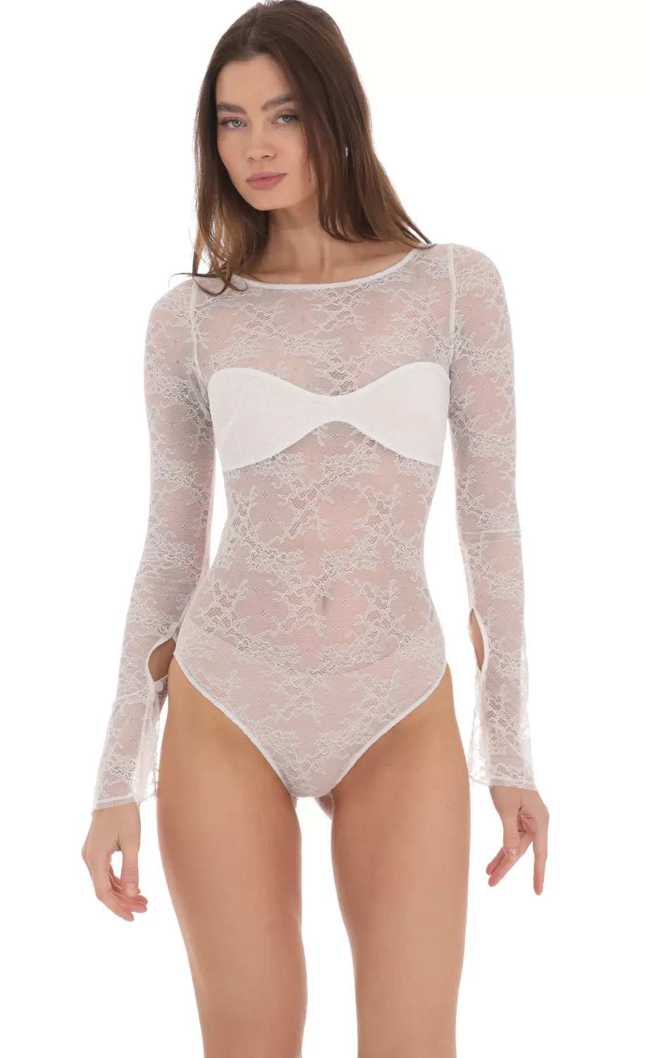 Long Sleeve Lace Bodysuit In White^LUCY IN THE SKY Clearance