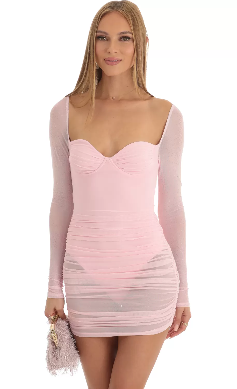 Long Sleeve Mesh Dress In Light Pink^LUCY IN THE SKY Clearance