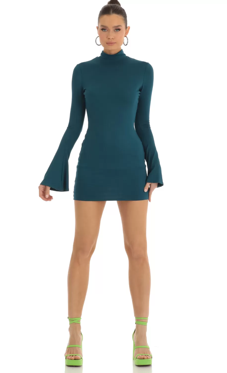 Long Sleeve Mock Neck Dress In Turquoise^LUCY IN THE SKY Store