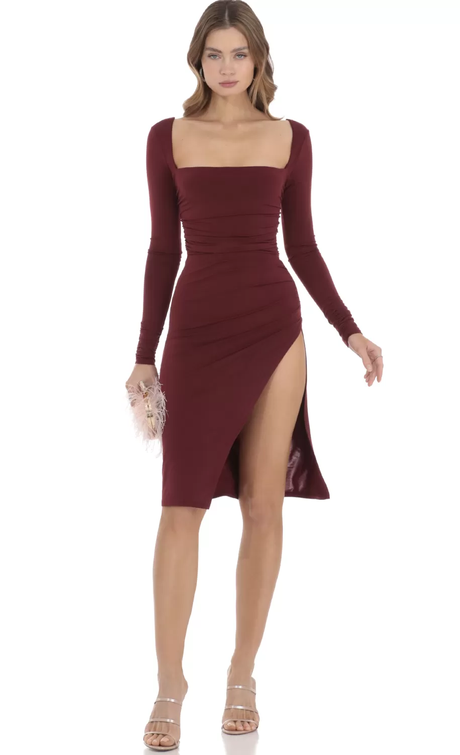 Long Sleeve Open Back Midi Dress In Maroon^LUCY IN THE SKY Clearance