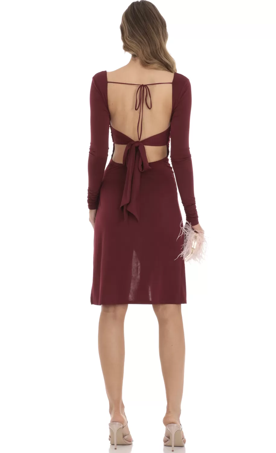 Long Sleeve Open Back Midi Dress In Maroon^LUCY IN THE SKY Clearance