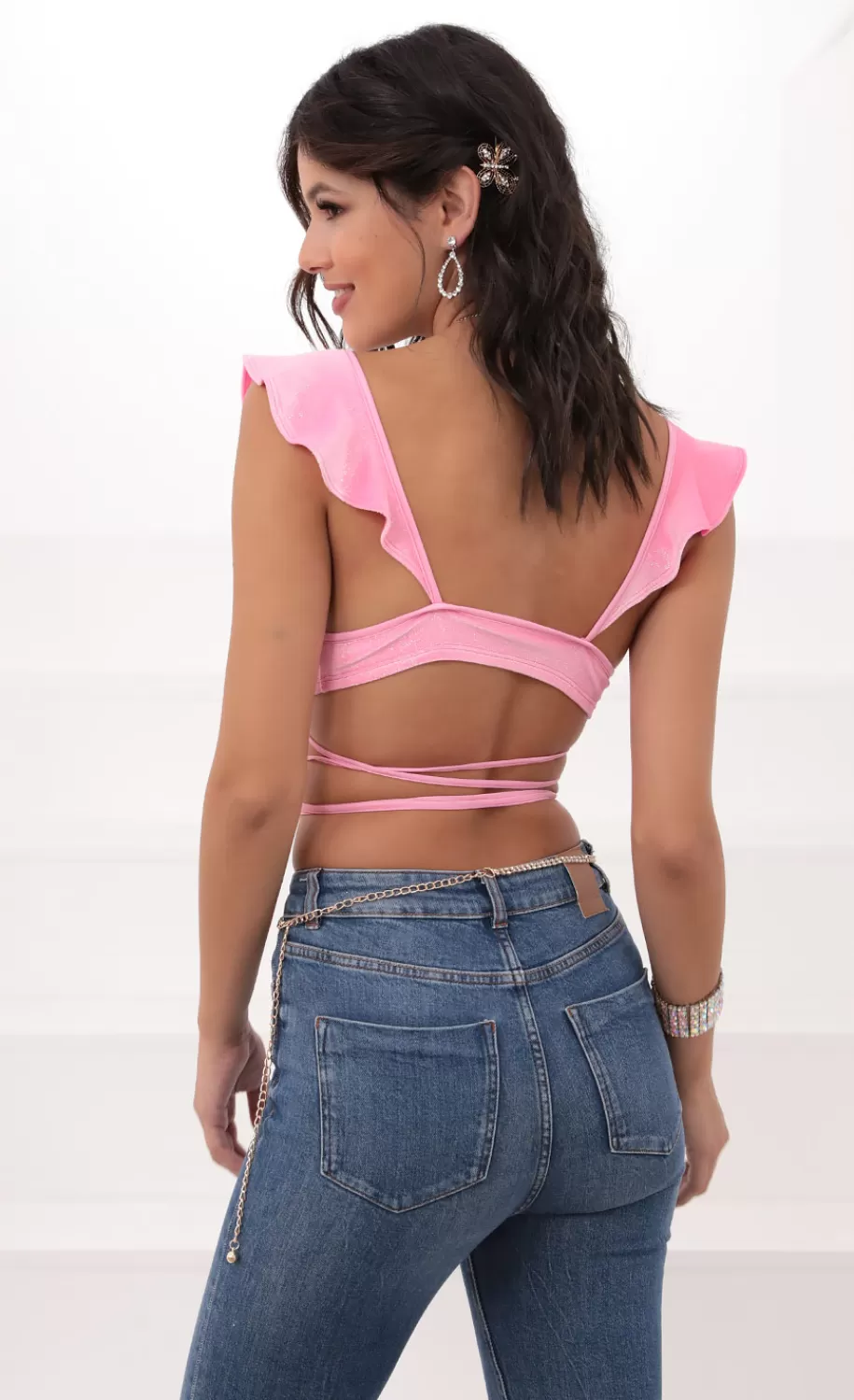 Madison Ruffle Crop Top In Pink Velvet^LUCY IN THE SKY Clearance