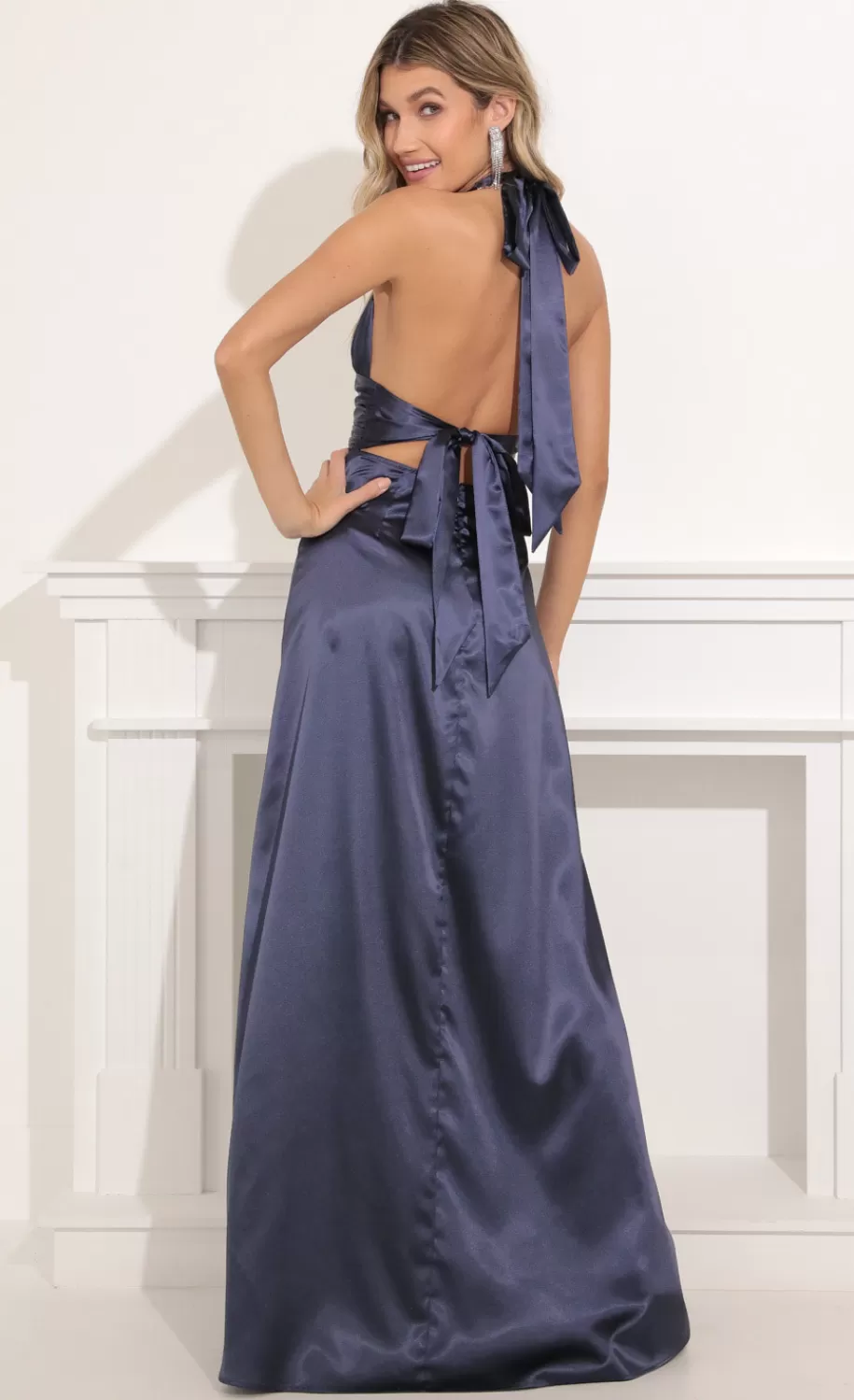 Maxi Satin Dress In Navy Blue^LUCY IN THE SKY Flash Sale