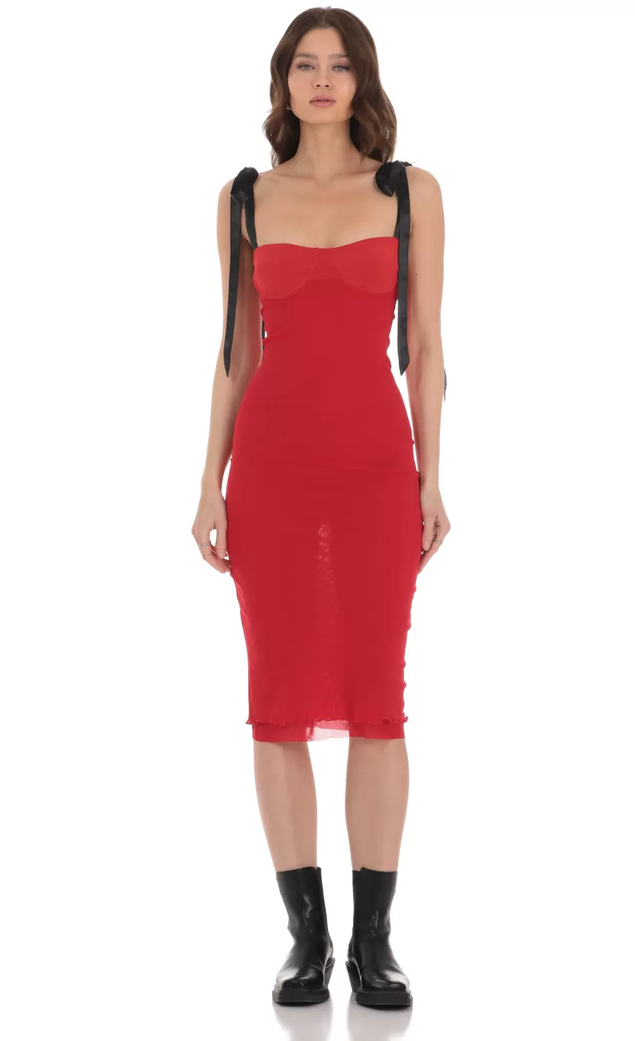 Mesh Black Shoulder Ties Midi Dress In Red^LUCY IN THE SKY Fashion