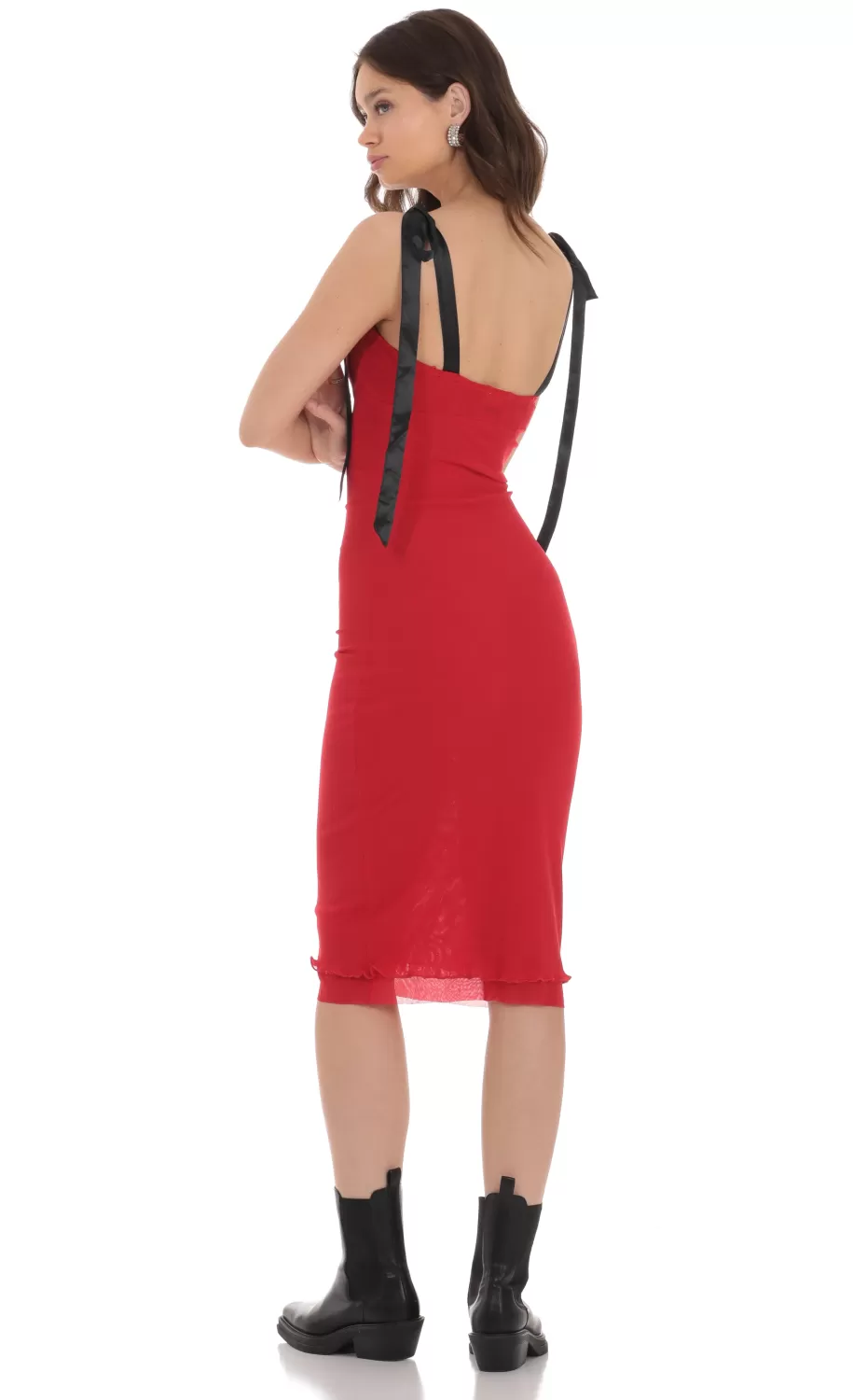 Mesh Black Shoulder Ties Midi Dress In Red^LUCY IN THE SKY Fashion