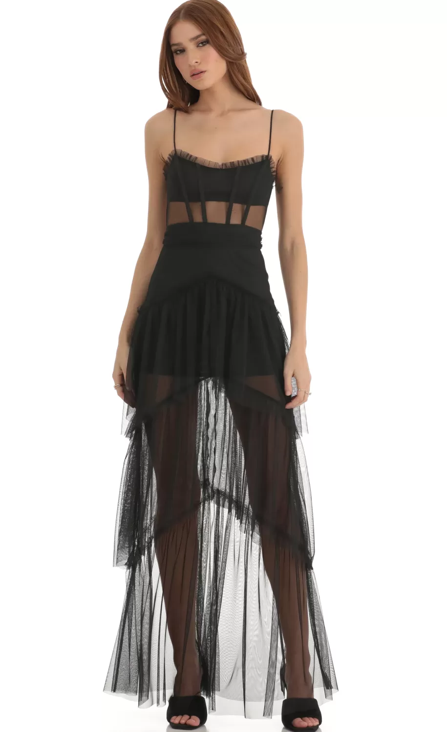 Mesh Corset Maxi Dress In Black^LUCY IN THE SKY New