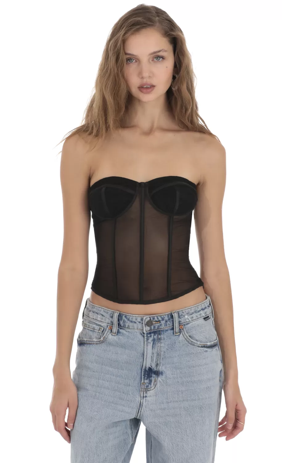 Mesh Corset Strapless Top In Black^LUCY IN THE SKY Cheap