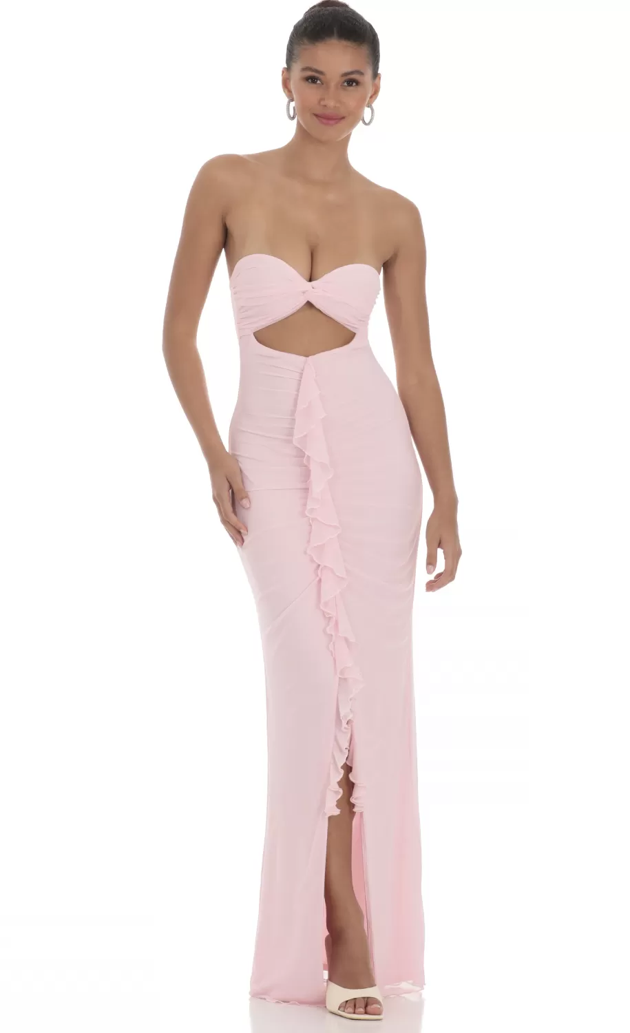 Mesh Cutout Ruffle Maxi Dress In Pink^LUCY IN THE SKY Best