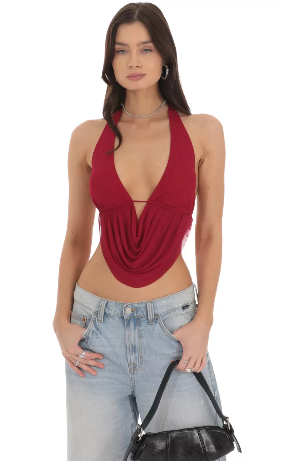 Mesh Draped Halter Top In Red^LUCY IN THE SKY Shop