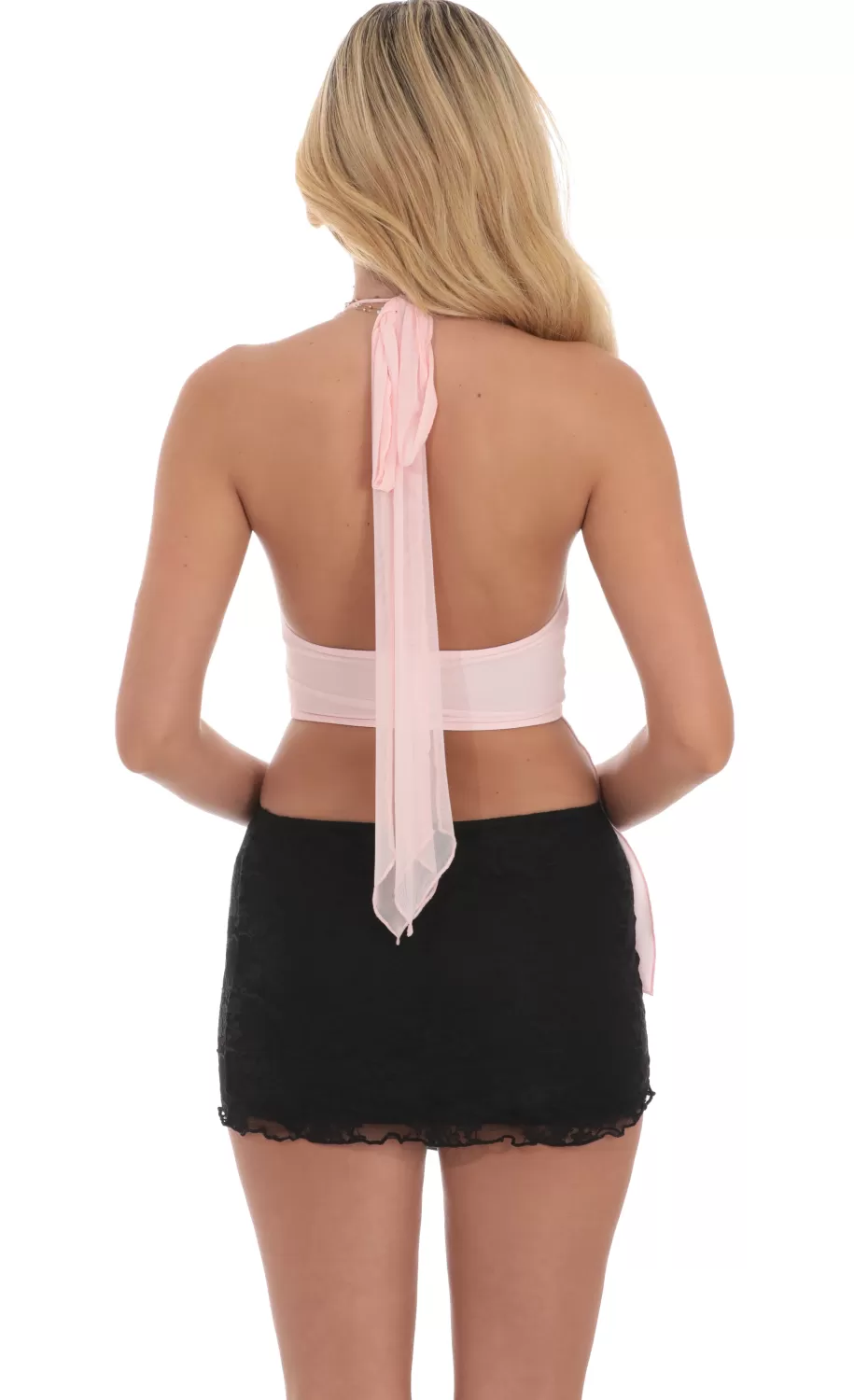 Mesh Faux Wrap Halter Top In Pink^LUCY IN THE SKY Cheap