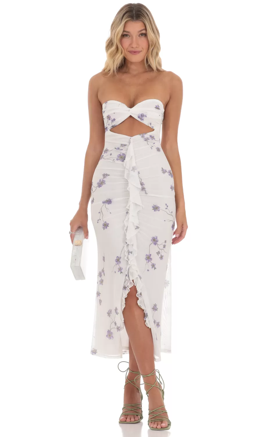 Mesh Floral Cutout Midi Dress In White^LUCY IN THE SKY Cheap