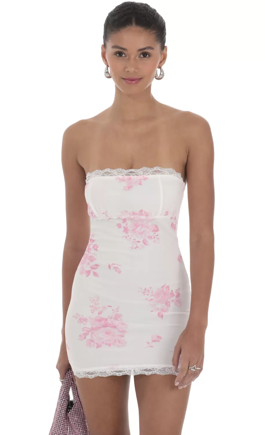Mesh Floral Lace Strapless Bodycon Dress In White^LUCY IN THE SKY Fashion