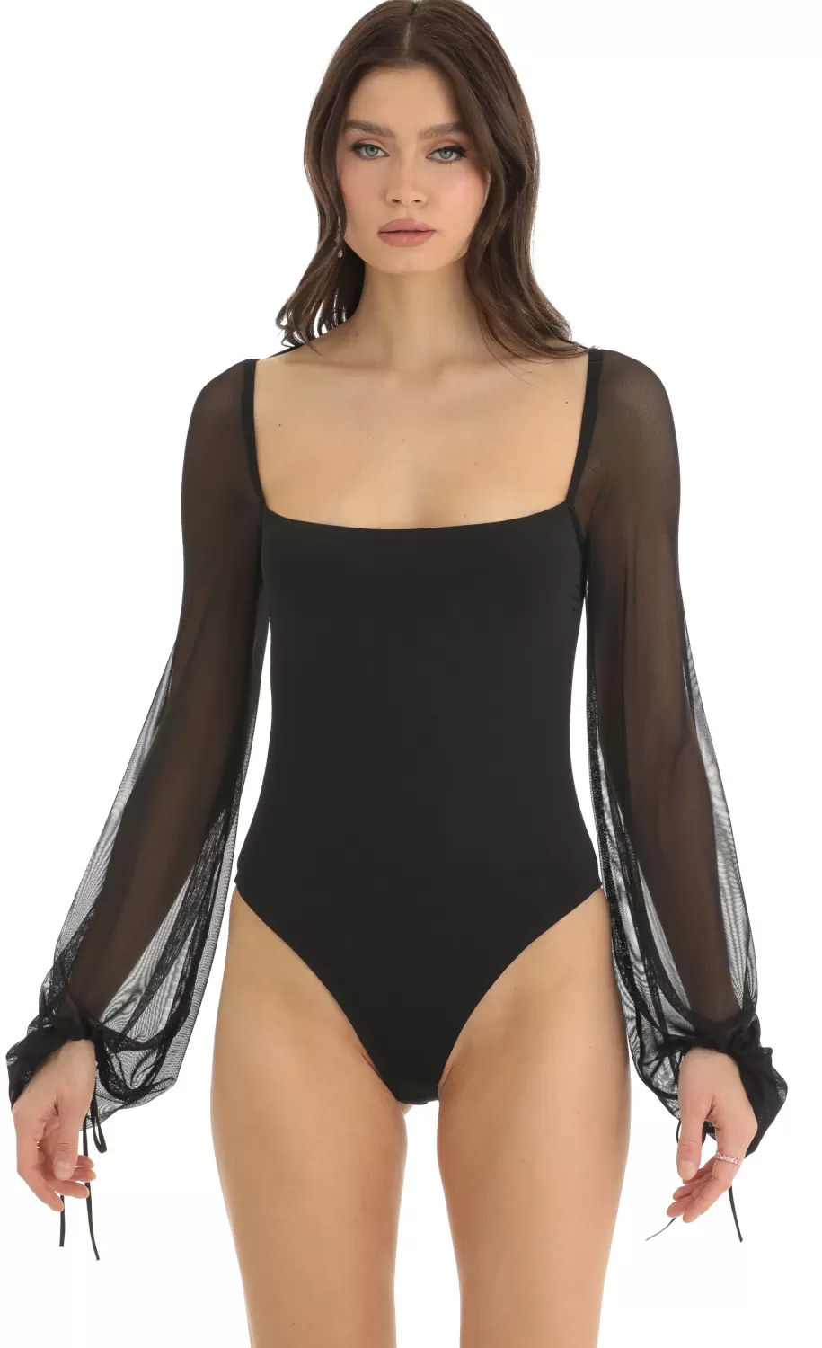 Mesh Long Sleeve Bodysuit In Black^LUCY IN THE SKY Online