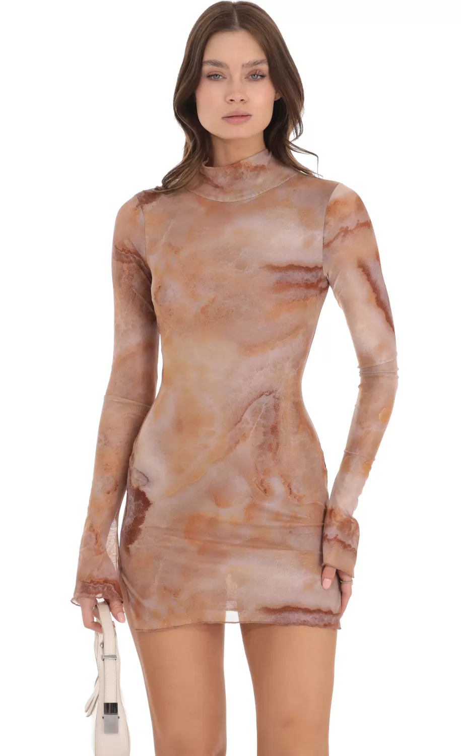 Mesh Mock Neck Swirl Dress In Brown^LUCY IN THE SKY Cheap