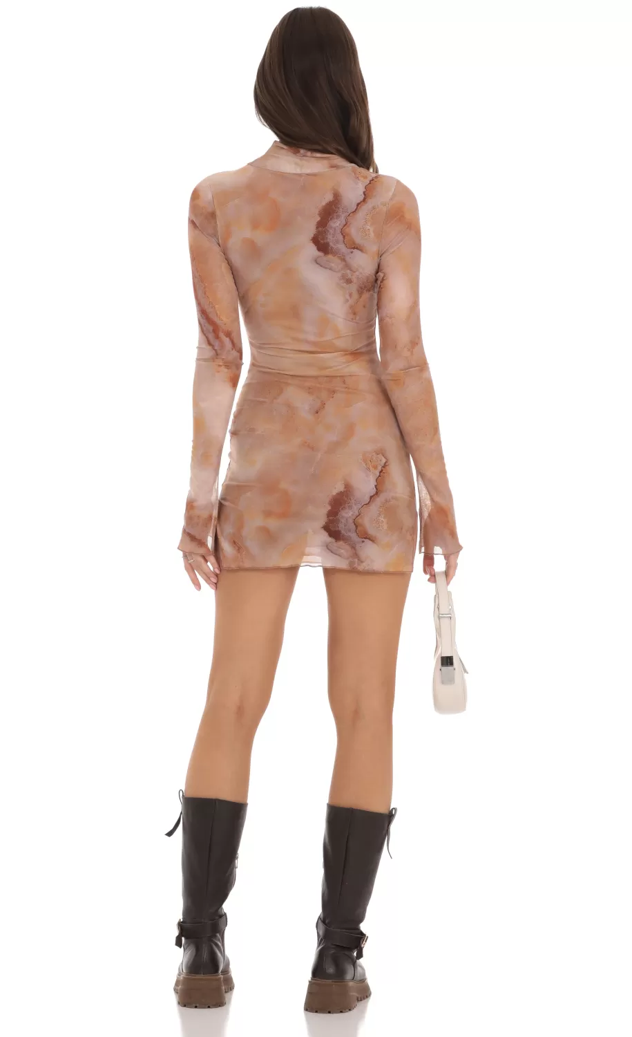 Mesh Mock Neck Swirl Dress In Brown^LUCY IN THE SKY Cheap