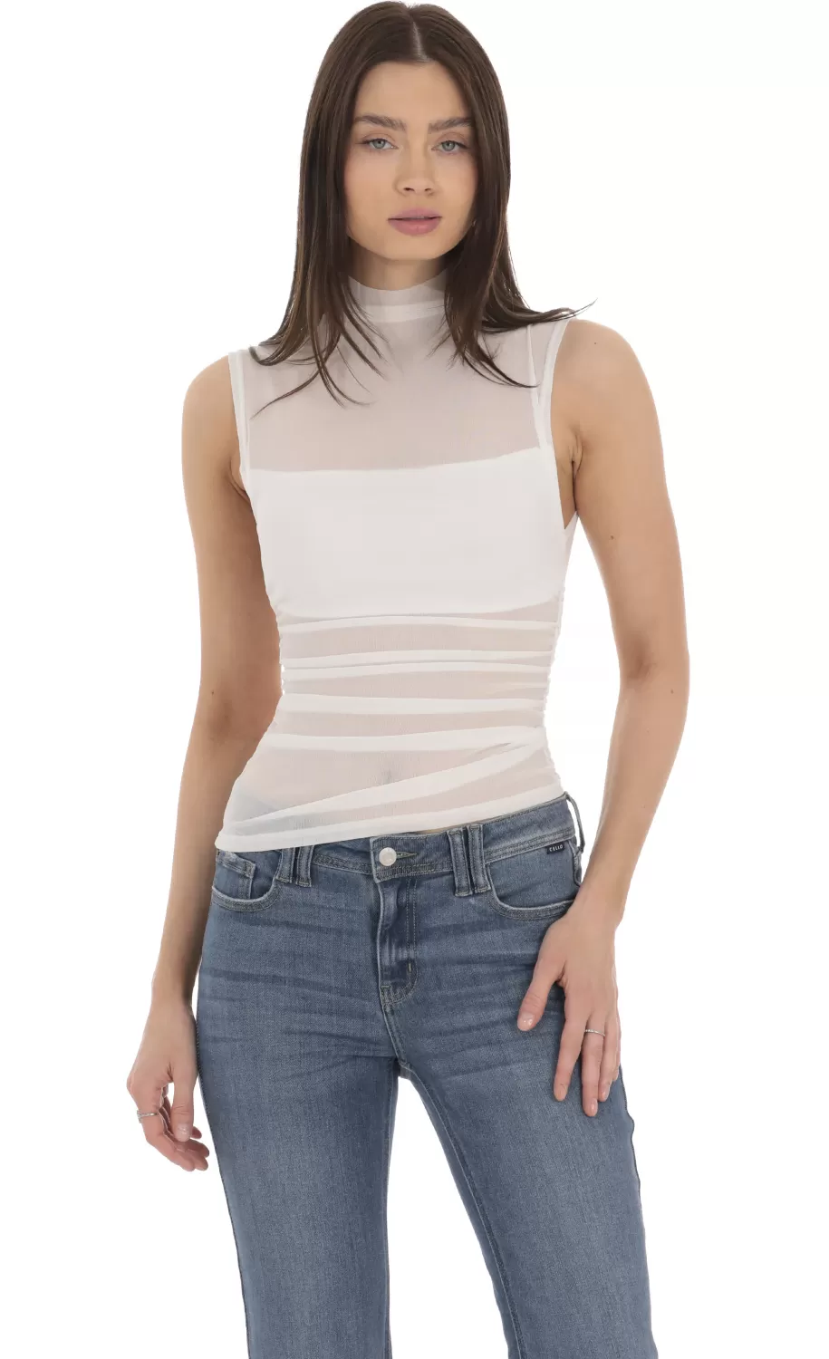 Mesh Mock Neck Top In White^LUCY IN THE SKY Fashion