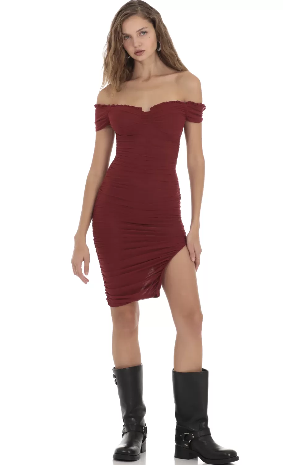 Mesh Off Shoulder Dress In Burgundy^LUCY IN THE SKY Discount