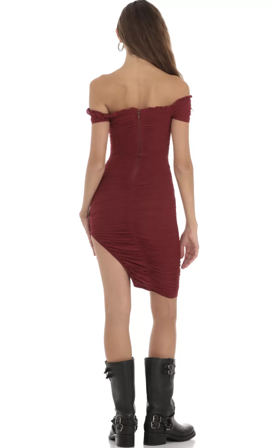 Mesh Off Shoulder Dress In Burgundy^LUCY IN THE SKY Discount