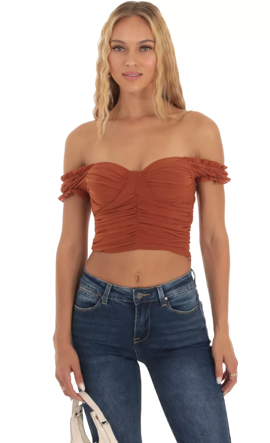 Mesh Off Shoulder Top In Rust^LUCY IN THE SKY Online