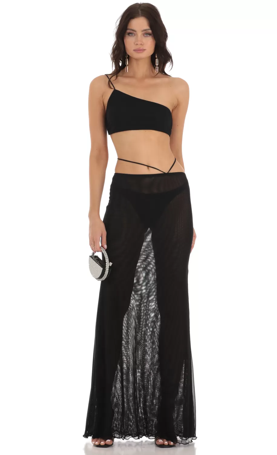 Mesh One Shoulder Two Piece Set In Black^LUCY IN THE SKY Store