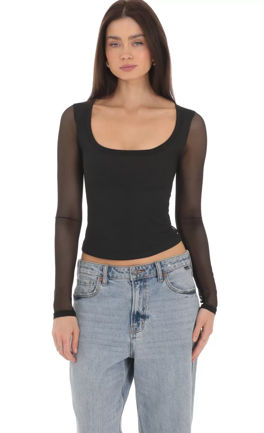 Mesh Scoop Long Sleeve Top In Black^LUCY IN THE SKY Store