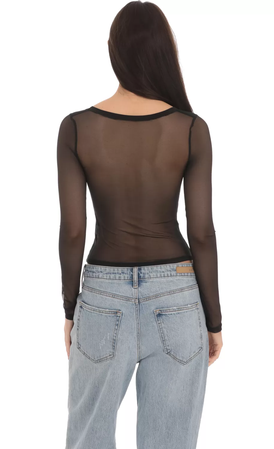 Mesh Scoop Long Sleeve Top In Black^LUCY IN THE SKY Store