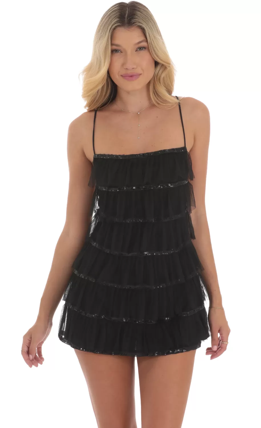 Mesh Sequin Ruffles Dress In Black^LUCY IN THE SKY Cheap