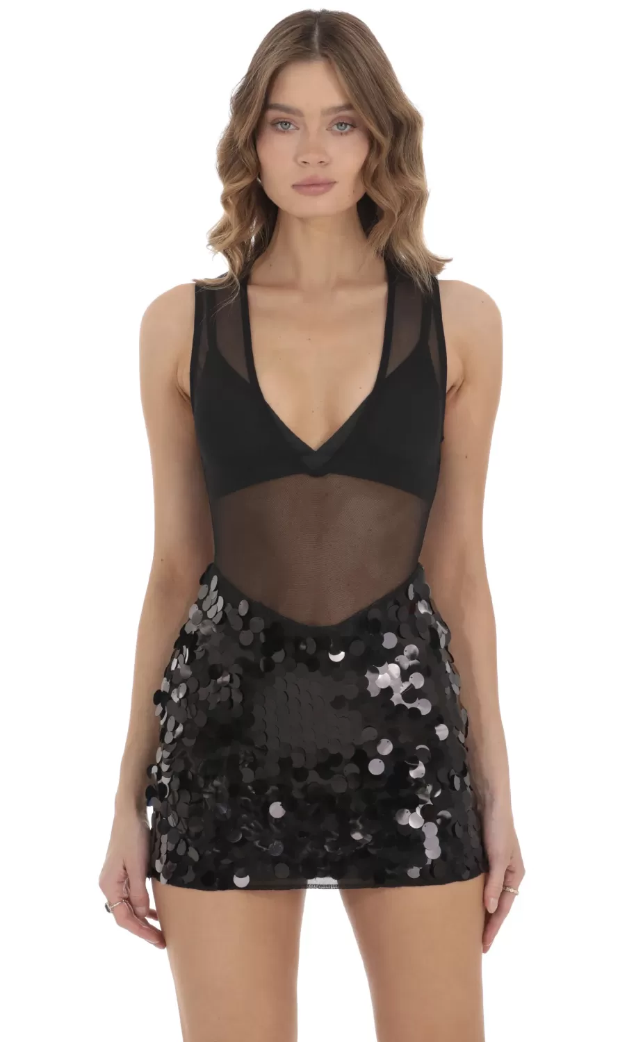 Mesh Sequin Skirt Dress In Black^LUCY IN THE SKY Flash Sale