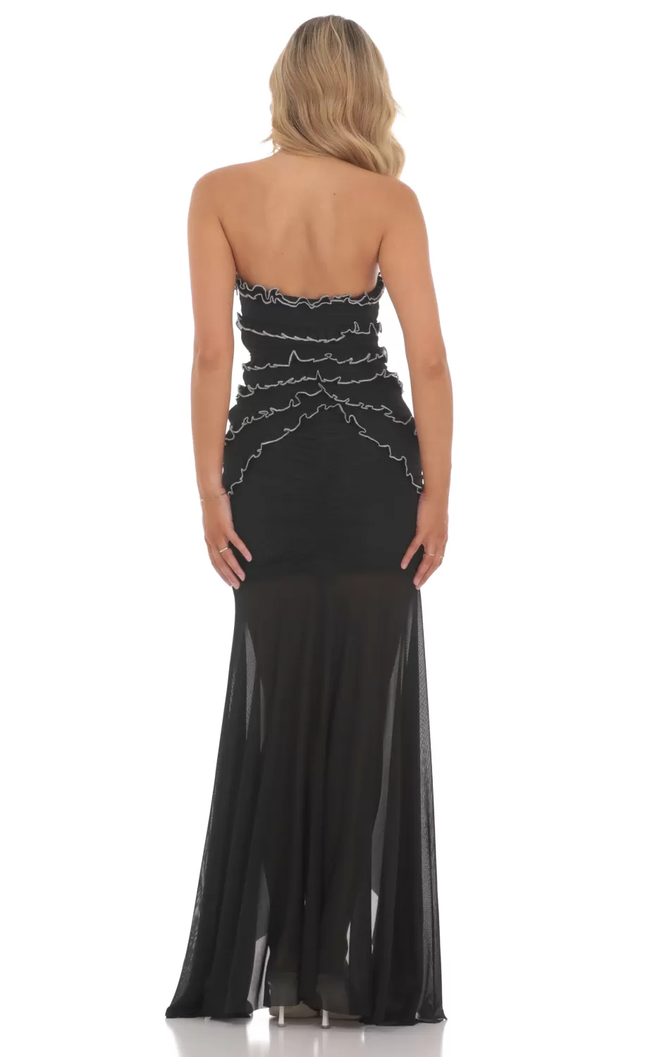 Mesh Strapless Ruffle Bodycon Maxi Dress In Black^LUCY IN THE SKY Fashion