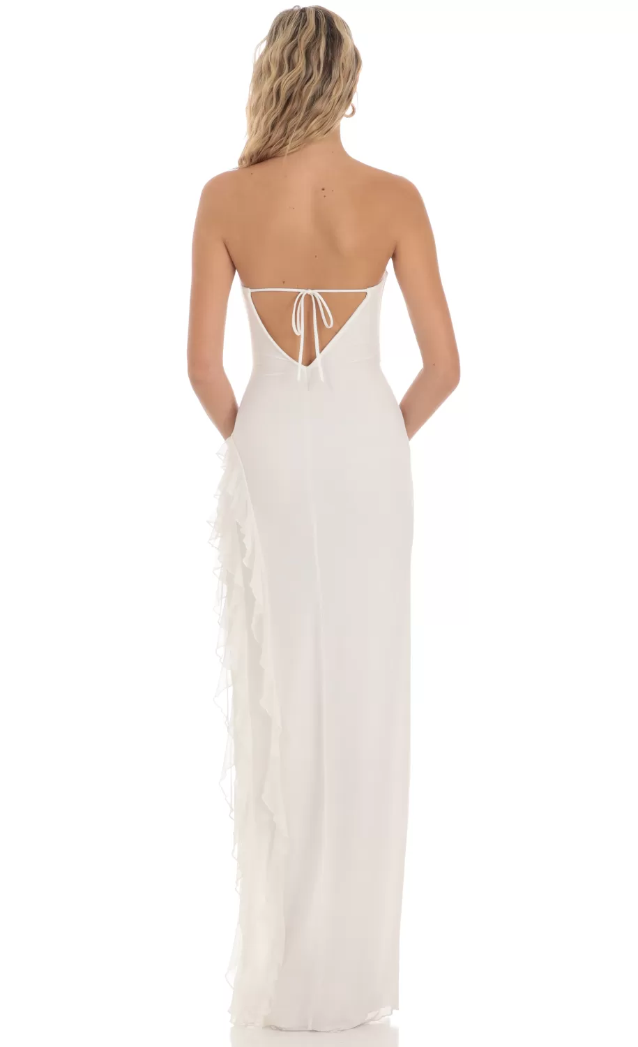 Mesh Strapless Triple Ruffle Maxi Dress In White^LUCY IN THE SKY New