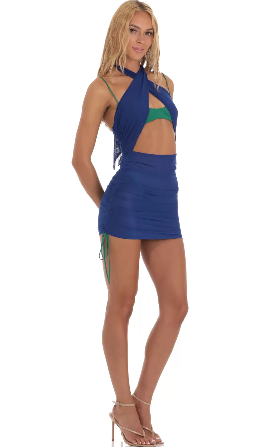 Mesh Two Toned Wrap Halter Dress In Green And Blue^LUCY IN THE SKY Fashion