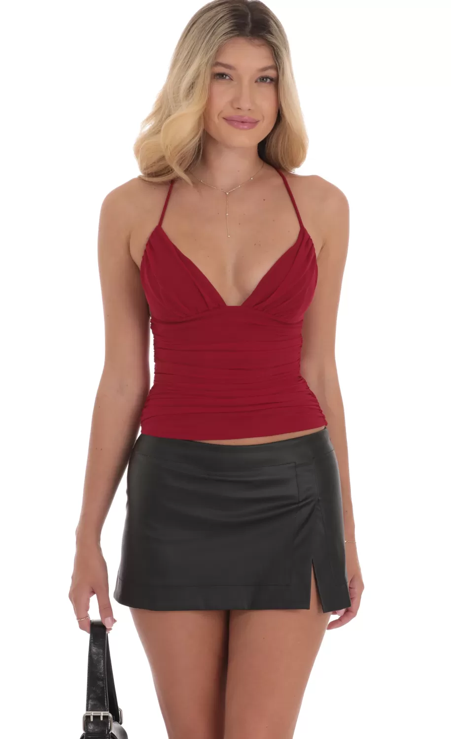 Mesh V-Neck Top In Red^LUCY IN THE SKY Outlet