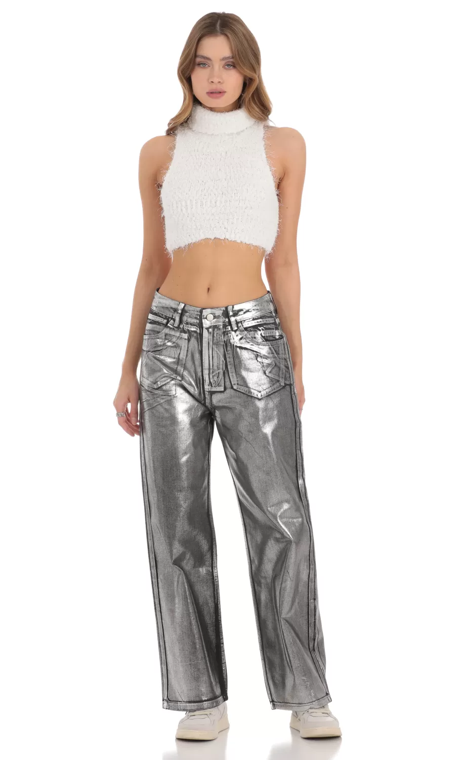 Metallic Foiled Black Jeans In Silver^LUCY IN THE SKY Sale