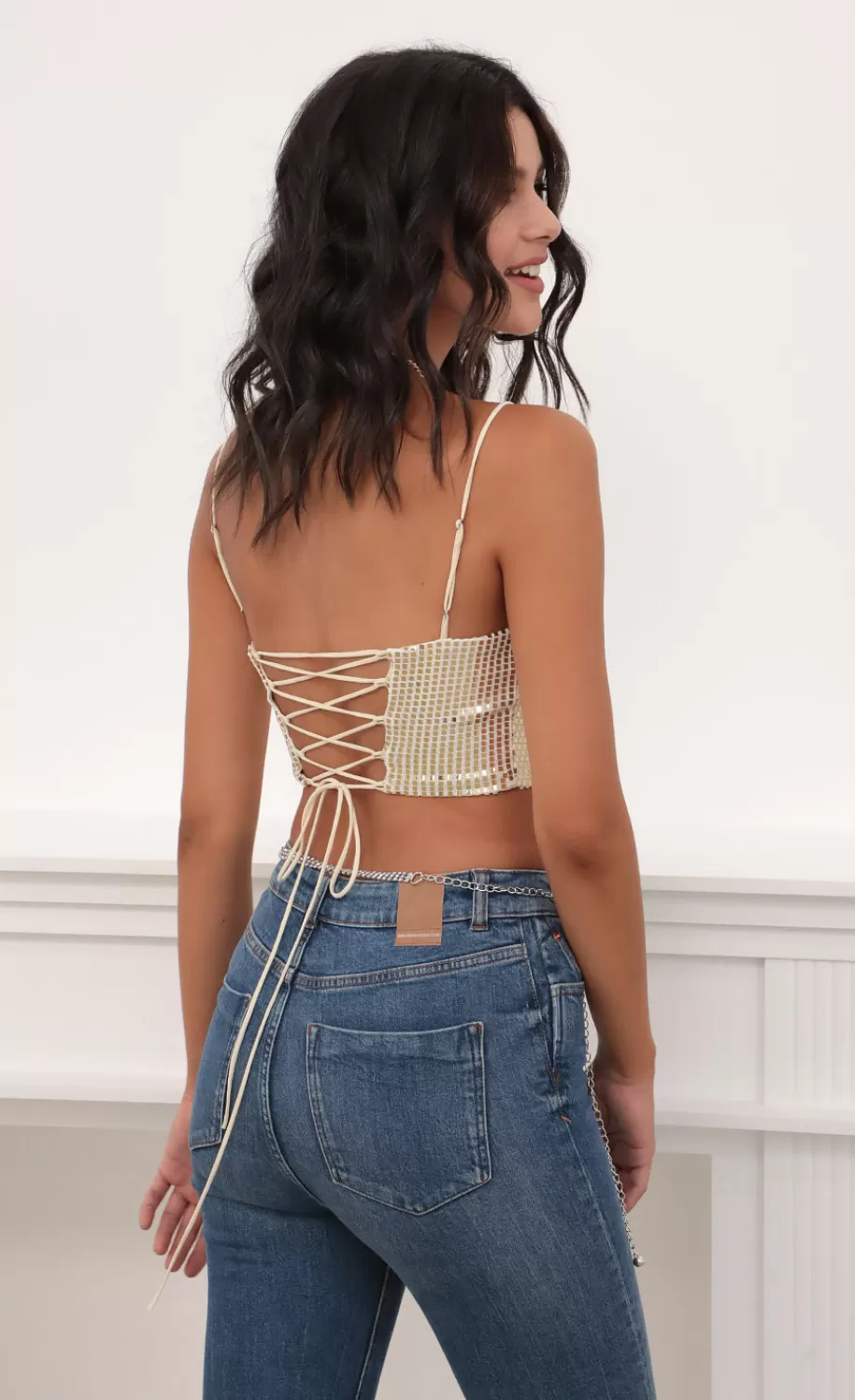 Mirror Sequin Strappy Crop Top^LUCY IN THE SKY Best