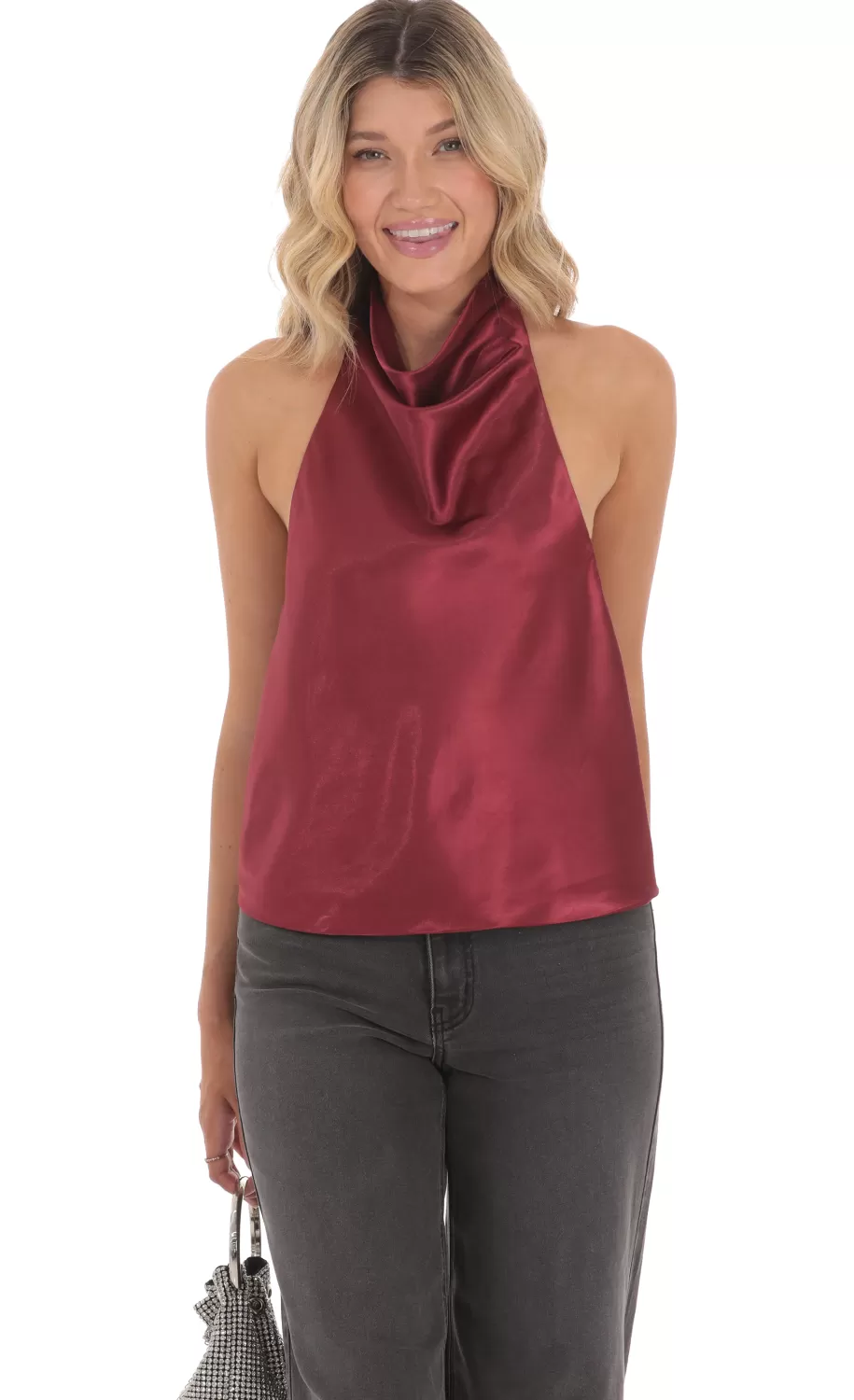 Mock Neck Satin Top In Burgundy^LUCY IN THE SKY Best