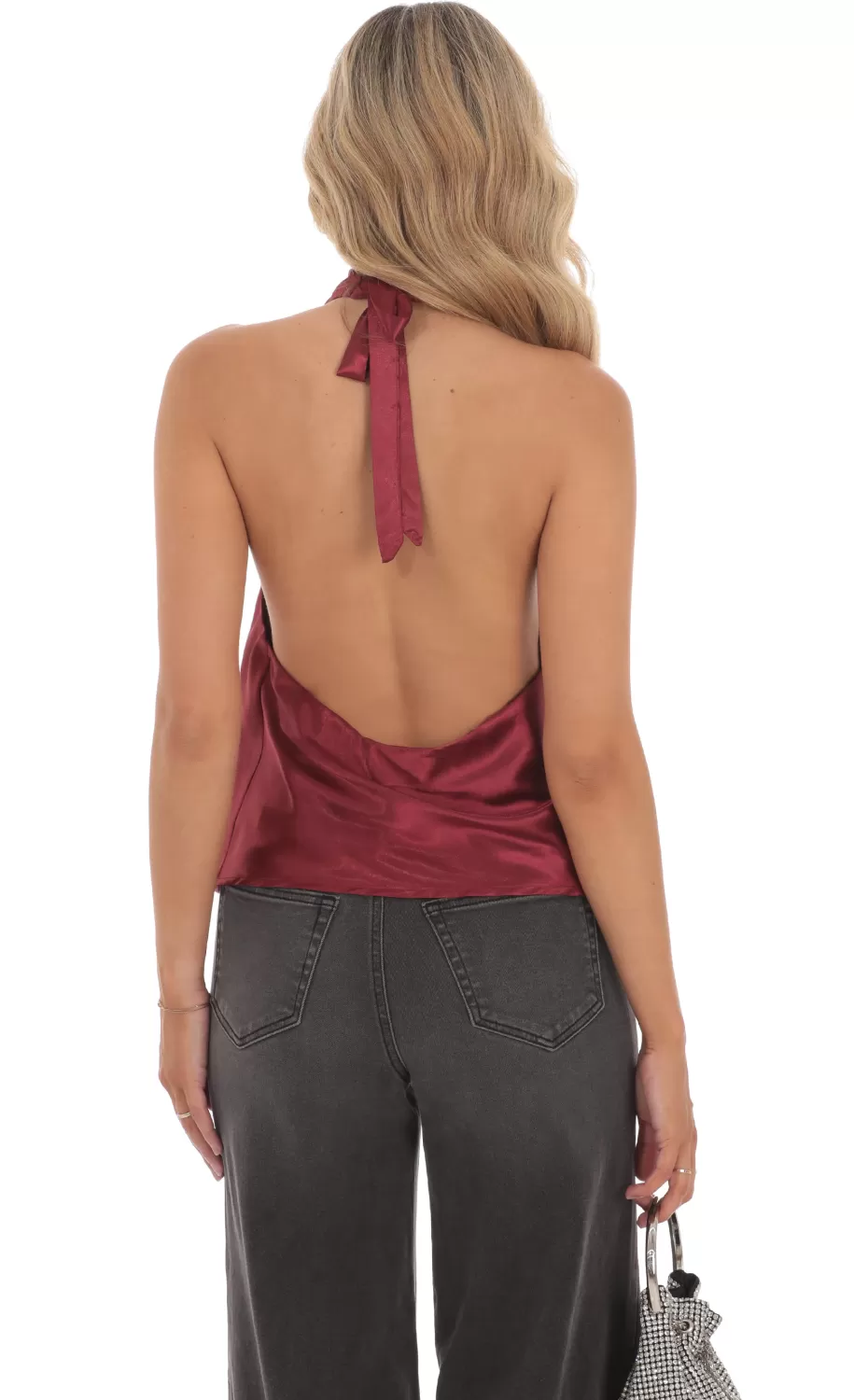 Mock Neck Satin Top In Burgundy^LUCY IN THE SKY Best